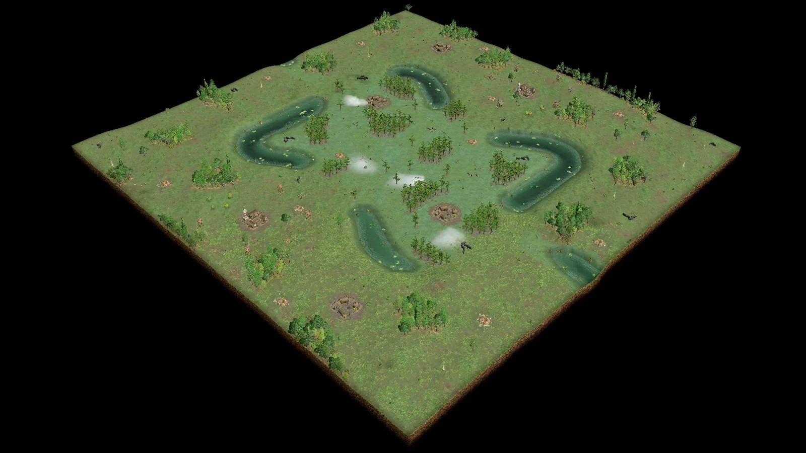 Analytical overhead view of Marsh showing two curving shallow-water channels, broad land crossings, player areas at opposite corners, and the central resource network.